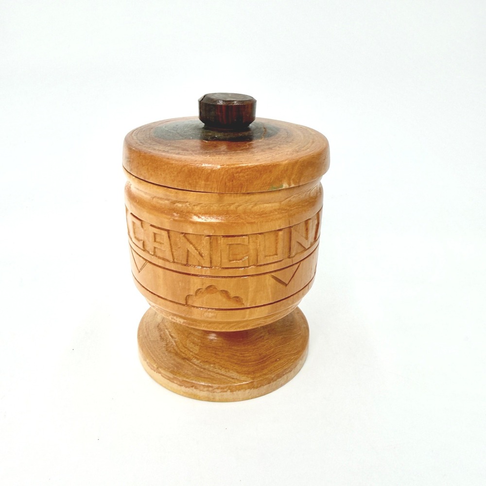 Vintage Hand Carved Wood Cancun Mexico Trinket Box Jar with Lid Pedestal 4.5"